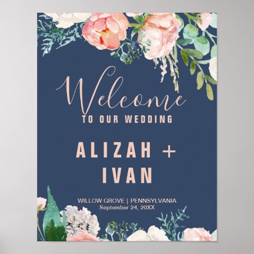 Romantic Peony Flowers  Blue Welcome Wedding Poster