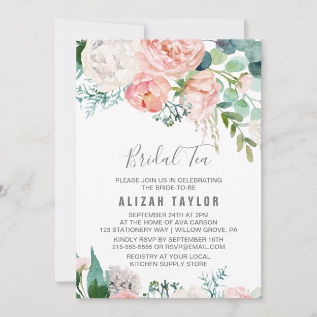 Romantic Peony Flowers Bridal Tea Invitation (Front)