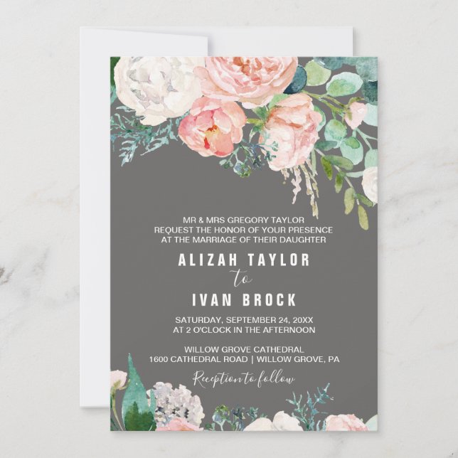 Romantic Peony Flowers | Gray Formal Wedding Invitation (Front)