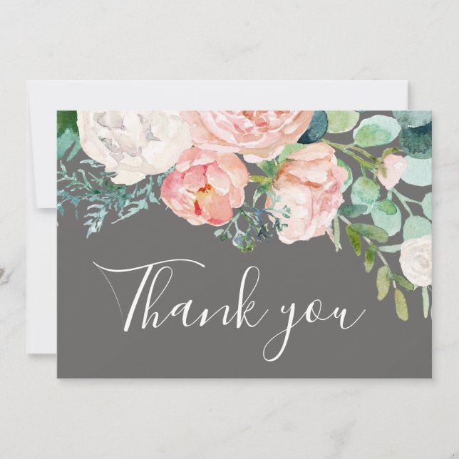 Romantic Peony Flowers | Gray Thank You Card (Front)