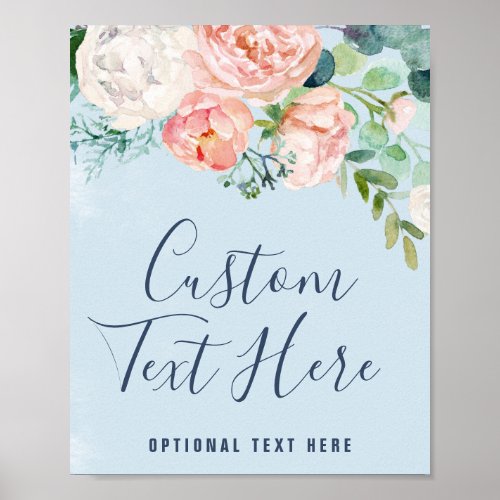 Romantic Peony Flowers  Light Blue Custom Text Poster
