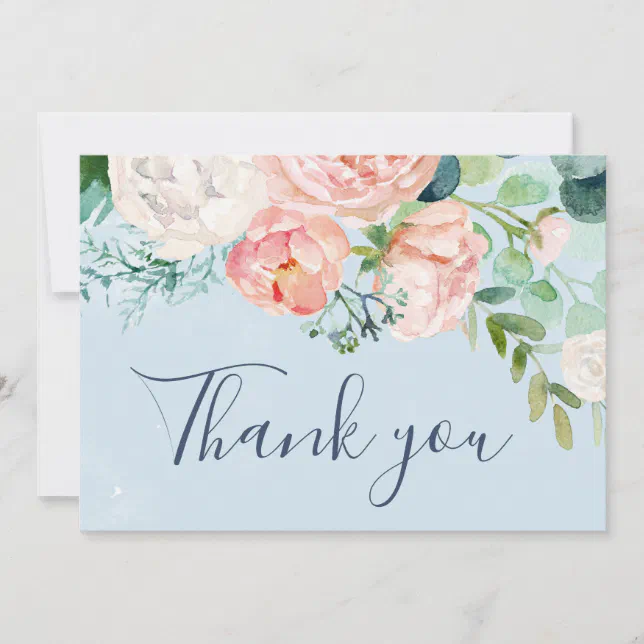 Romantic Peony Flowers | Light Blue Thank You Card | Zazzle