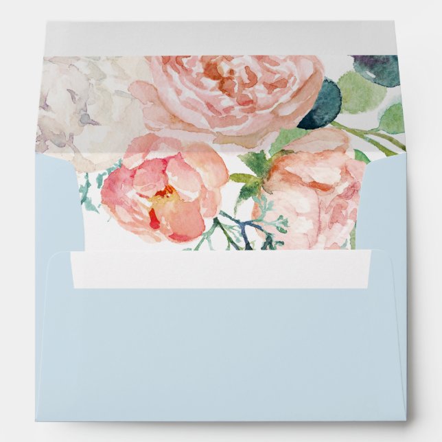 Romantic Peony Flowers | Light Blue Wedding Envelope (Back (Bottom))