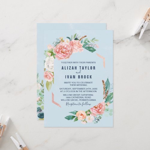 Romantic Peony Flowers  Light Blue Wedding Invita Invitation
