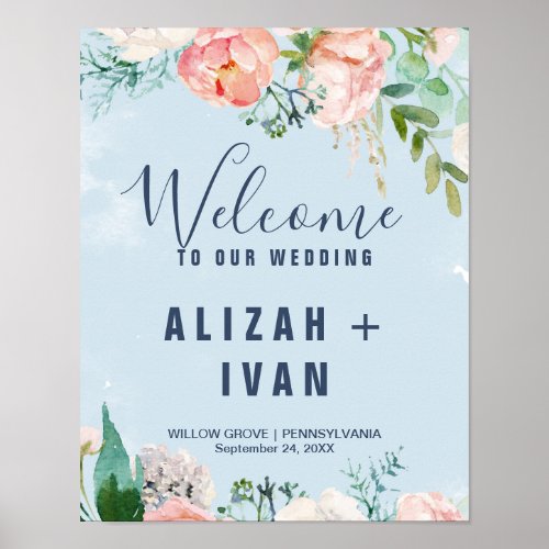 Romantic Peony Flowers  Light Blue Welcome Poster