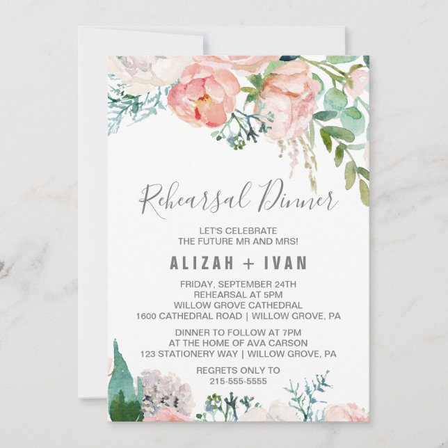 Romantic Peony Flowers Rehearsal Dinner Invitation (Front)