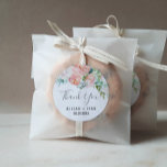 Romantic Peony Flowers Thank You Wedding Favor Classic Round Sticker<br><div class="desc">These romantic peony flowers thank you wedding favor stickers are perfect for an elegant wedding. The floral design features blush pink, peach and white cascading watercolor flowers. Personalize the sticker labels with your names, the event (if applicable), and the date. These stickers can be used for a wedding reception, bridal...</div>