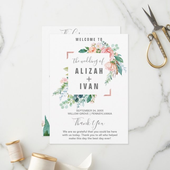 Romantic Peony Flowers Wedding Program (Front/Back In Situ)