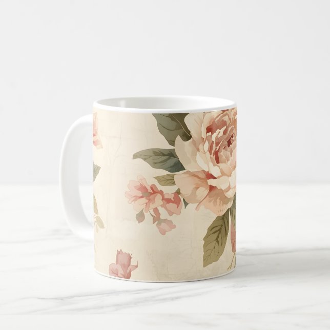 Romantic Peony & Rose Vintage Garden Coffee Mug (Front Left)