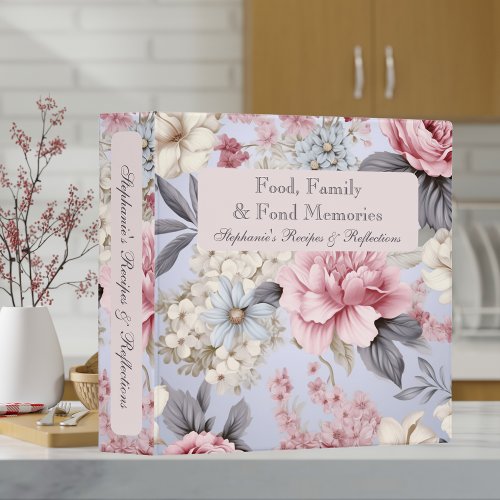 Romantic Peri Blue  Pink Floral Recipe Cookbook 3 Ring Binder