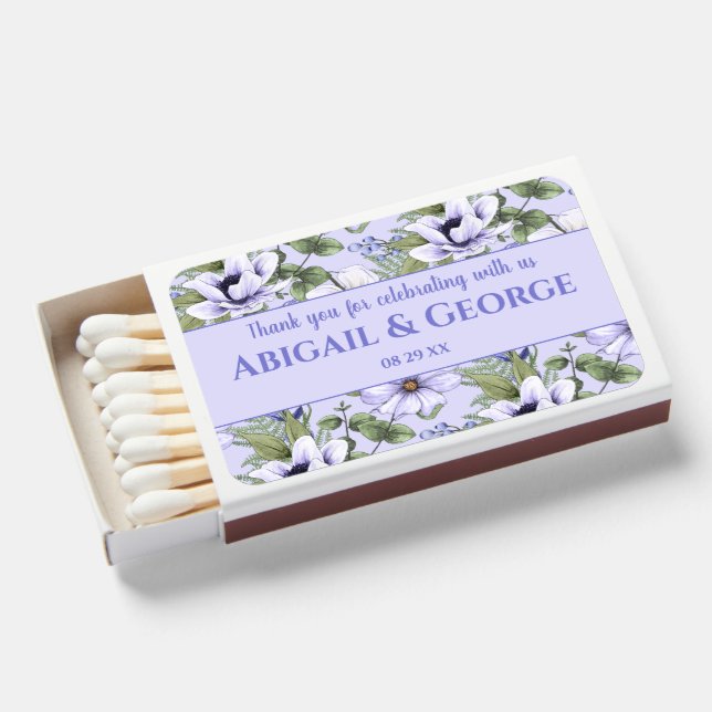 Romantic Periwinkle Florals Lavender Wedding Favor Matchboxes (Front Open)
