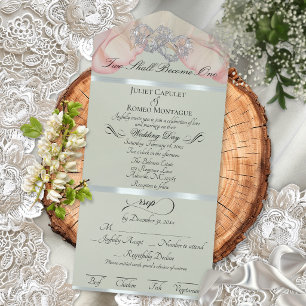 Romantic Petals & Hearts - Sage/Silver All In One Invitation