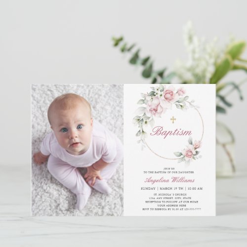 Romantic Photo Baptism Girl floral Gold Invitation