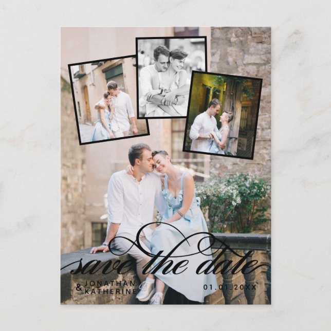 Romantic Photo Collage Wedding Black Script Announcement Postcard (Front)