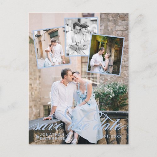 Romantic Photo Collage Wedding Dove Blue Script Announcement Postcard