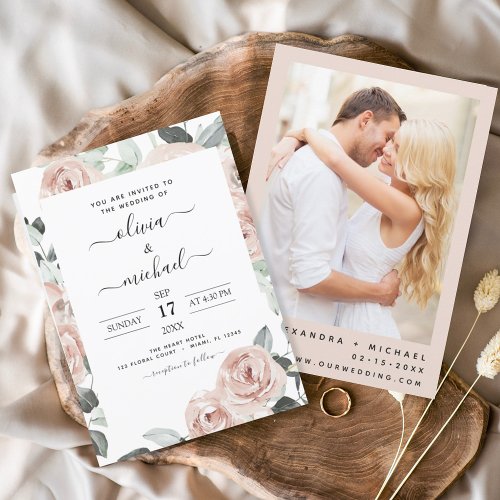 Romantic Photo Dusty Pink Floral Wedding Invitation