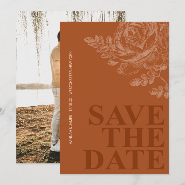 Romantic Photo Floral Terracotta Save the Date Invitation (Front/Back)