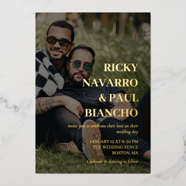 Romantic Photo & Gold Foil Fonts Wedding Foil Invitation (Front)