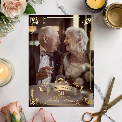 Romantic Photo Golden 50th Anniversary Celebration Foil Invitation