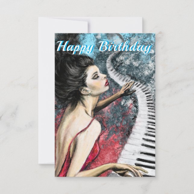 Romantic Piano Music Lady in Red Birthday Card (Front)