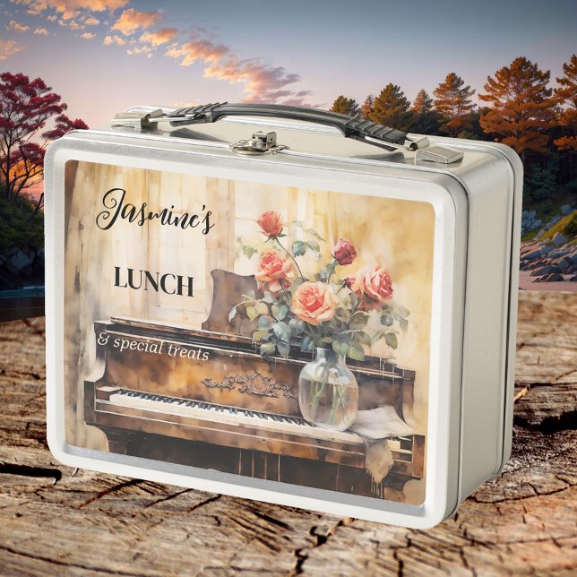 Romantic Piano Roses Music Metal Lunch Box (Romantic lunch box featuring a watercolor painting of a piano with red roses in a vintage style)