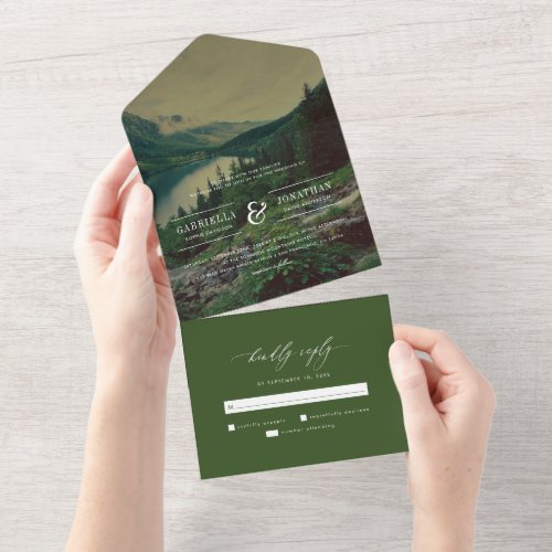 Romantic Pines Mountains Lake Destination Wedding All In One Invitation