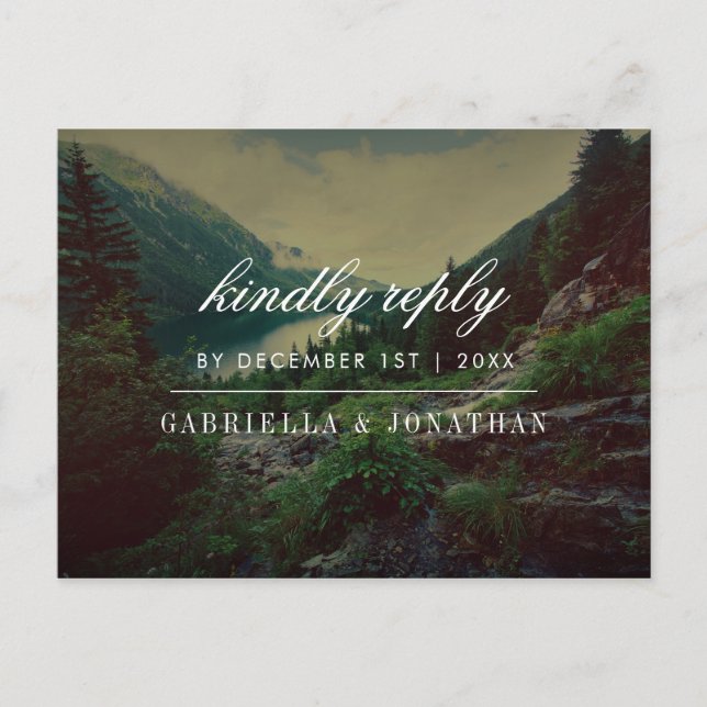 Romantic Pines, Mountains & Lake | Modern RSVP Invitation Postcard (Front)