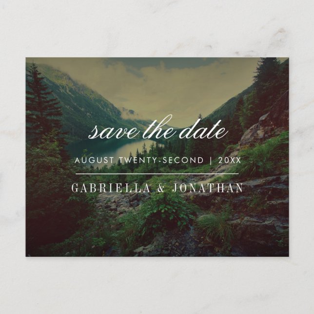 Romantic Pines, Mountains & Lake | Save The Date Announcement Postcard (Front)