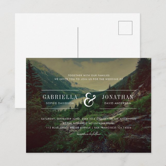 Romantic Pines, Mountains & Lake Wedding Invitation Postcard (Front/Back)