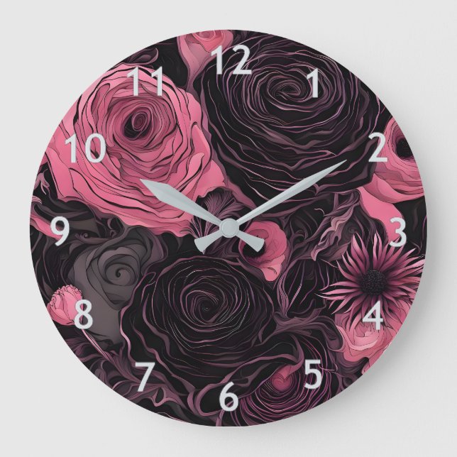 Romantic Pink and Black Gothic Roses Large Clock (Front)
