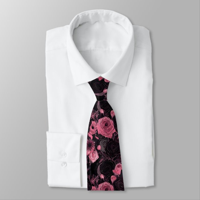 Romantic Pink and Black Gothic Roses Neck Tie (Tied)