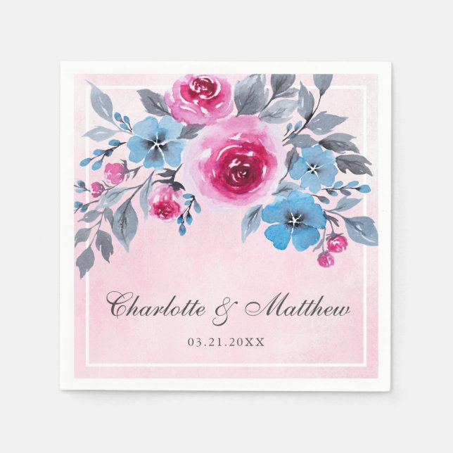 Romantic Pink And Blue Watercolor Floral Wedding Napkins (Front)