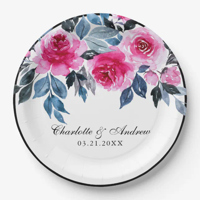Romantic Pink And Blue Watercolor Floral Wedding Paper Plates | Zazzle