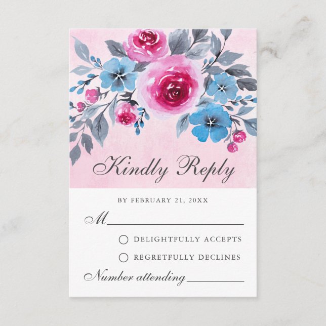 Romantic Pink And Blue Watercolor RSVP Card (Front)