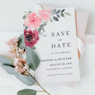 Romantic Pink and Burgundy Floral Save the Date Invitation