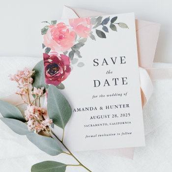 Romantic Pink And Burgundy Floral Save The Date Invitation by DancingPelican at Zazzle