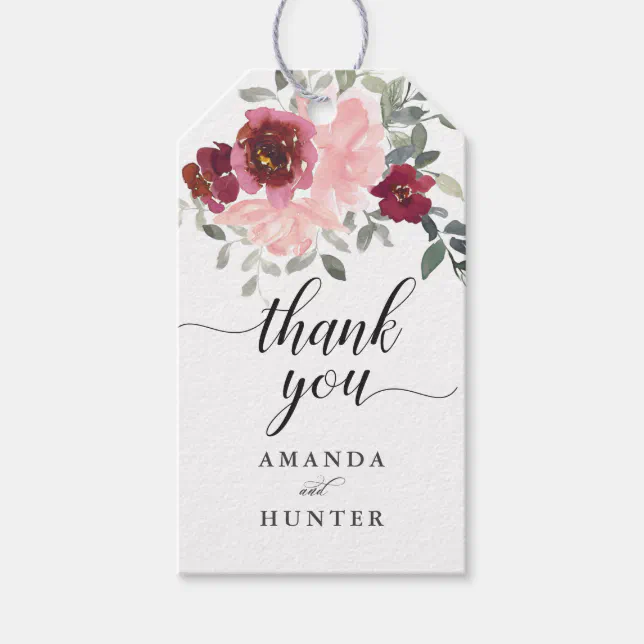 Romantic Pink and Burgundy Floral Thank You Gift Tags | Zazzle