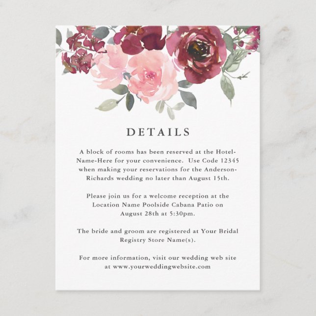 Romantic Pink and Burgundy Floral Wedding Details Enclosure Card (Front)