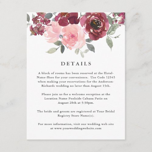 Romantic Pink and Burgundy Floral Wedding Details Enclosure Card