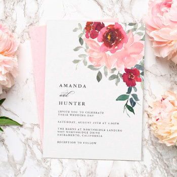 Romantic Pink And Burgundy Floral Wedding Invitation by DancingPelican at Zazzle