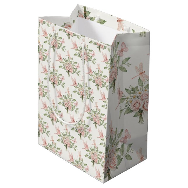 Romantic pink and green bird and flowers medium gift bag (Back Angled)