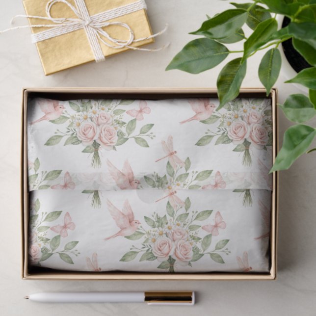 Romantic pink and green bird and flowers tissue paper (Gift)