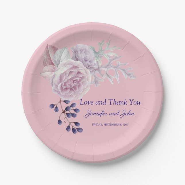 Romantic Pink and Purple Peonies Wedding Paper Plates (Front)