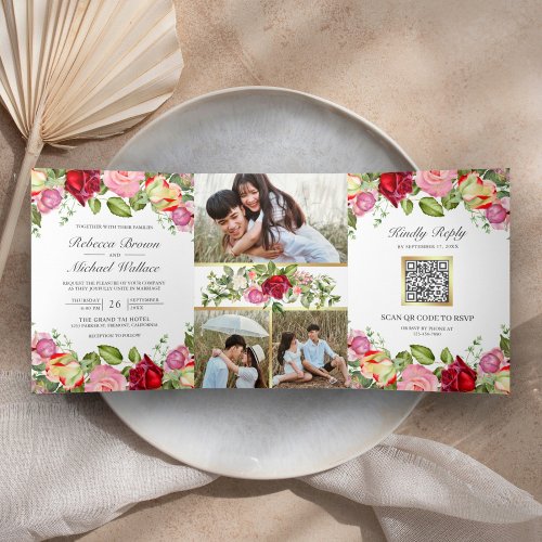 Romantic Pink and Red Roses QR Code Wedding Tri_Fold Invitation
