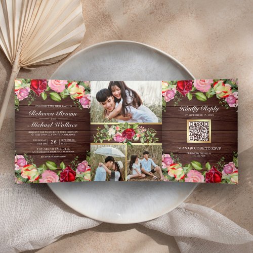 Romantic Pink and Red Roses QR Code Wood Wedding Tri_Fold Invitation