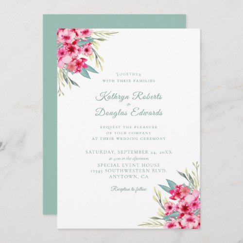 Romantic Pink and Teal Watercolor Floral Wedding I Invitation