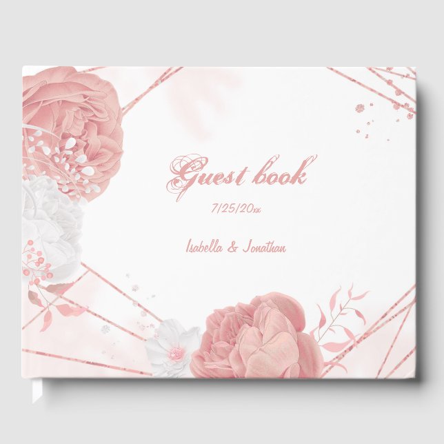 romantic pink and white flowers botanical wedding guest book (Front)