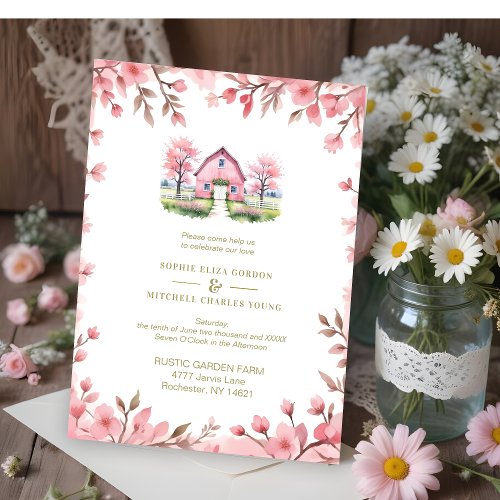 Romantic Pink Barn Rustic Landscape Floral Frame Invitation