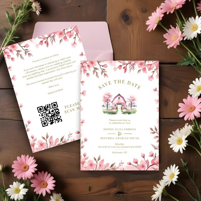  Romantic Pink Barn Rustic Landscape Floral Frame Save The Date (Romantic Pink Barn in Rustic Landscape and Cute Floral Frame Wedding Invitations Cards. )