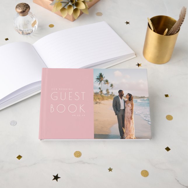 Romantic Pink Beach Photo Collage Guest Book (Front Open)